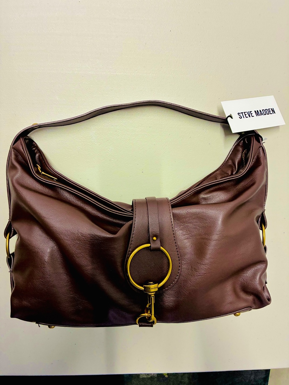 Steve Madden Chocolate Brown Leather Hobo with Gold Ring Detail